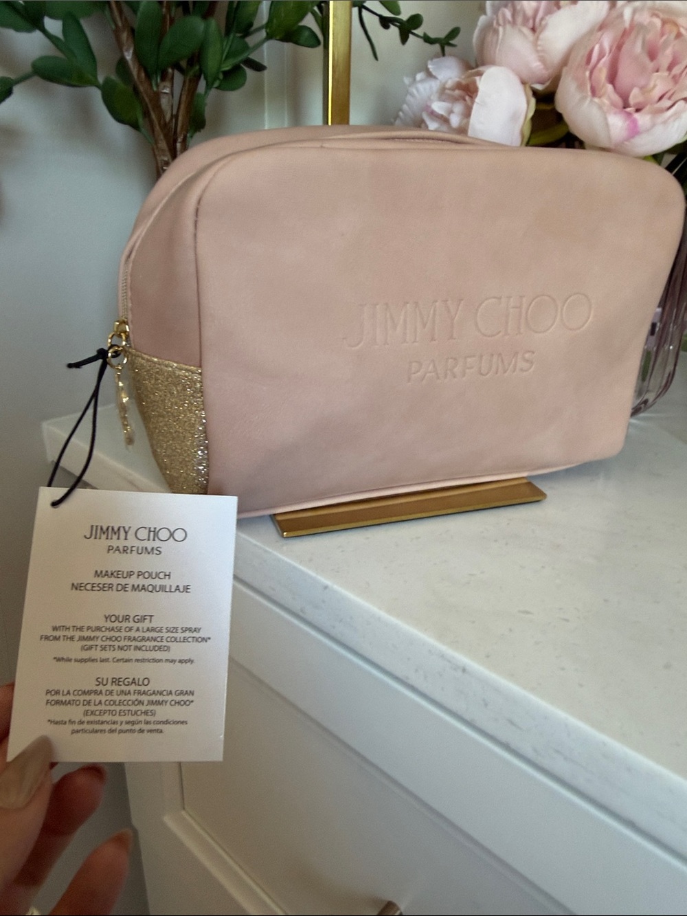 Made for Jimmy Choo Parfums GWP Blush Pink Makeup Pouch with Gold Glitter Trim